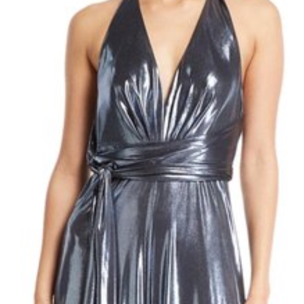 AIDAN MATTOX METALLIC KNIT JUMPSUIT. COLOR GUNMETAL. SIZE 6